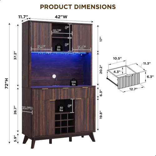 Miniatura 2 de OKD Gabinete de barra de café acanalado de 72 pulgadas de alto con amplio almacenamiento, aparador de buffet moderno con soporte para vidrio, Nogal