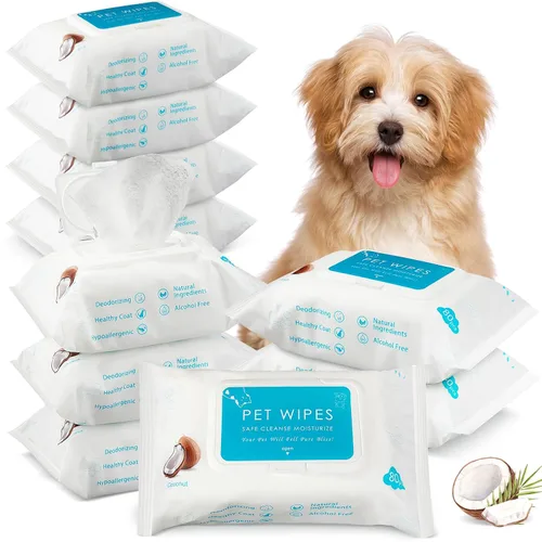 Treela - 10 paquetes de 80 toallitas para perros, toallitas para mascotas, suministros de aseo para patas, trasero, oreja, piel, baño corporal,