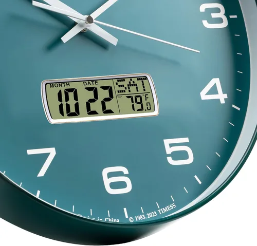 Miniatura 3 de Reloj de pared TIMESS, de 14" con gran esfera silenciosa y sin tictac, funciona con pilas, analógico con pantalla LCD para calendario perpetuo
