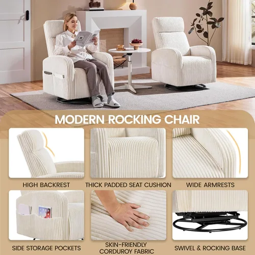 Miniatura 5 de Yaheetech Silla giratoria de 360° para guardería, mecedora de enfermería con bolsillos laterales, deslizador de pana para sala de estar con respaldo