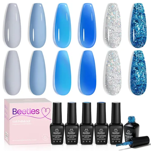 Miniatura 32 de Beetles - Juego de esmaltes de uñas de gel de bastón de caramelo, 6 piezas con brillantina, color rojo burdeos, kit de gel brillante blanco nieve
