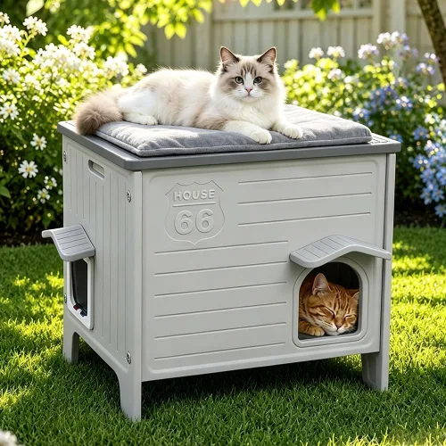 Miniatura 10 de Rockever Casa impermeable para gatos al aire libre, casa aislada para gatos al aire libre con alfombrilla suave, casa elevada para gatos al aire
