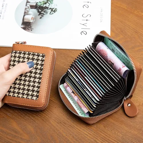 Miniatura 3 de Tarjetero de tarjetas de crédito con cremallera para mujer bloqueo RFID fundas para tarjetas de visita para mujer marrón