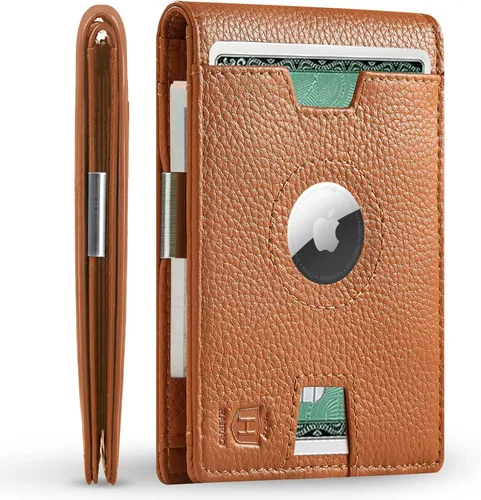 Hairao Billetera AirTag para hombre, de piel auténtica, delgada, con soporte para Airtag y ventana de identificación, bloqueo RFID, plegable,