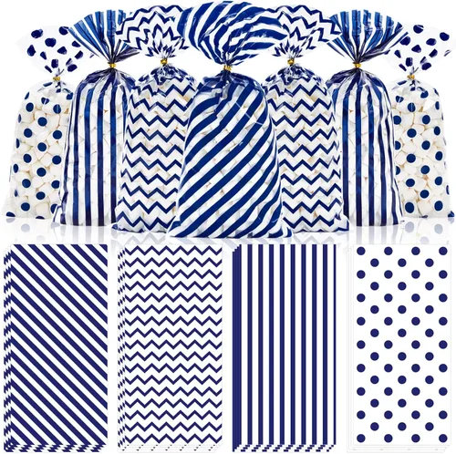 Miniatura 12 de Whaline 160 bolsas de celofán plateado con lazos torcidos, diseño de rayas onduladas, bolsas de plástico para golosinas, bolsa de dulces