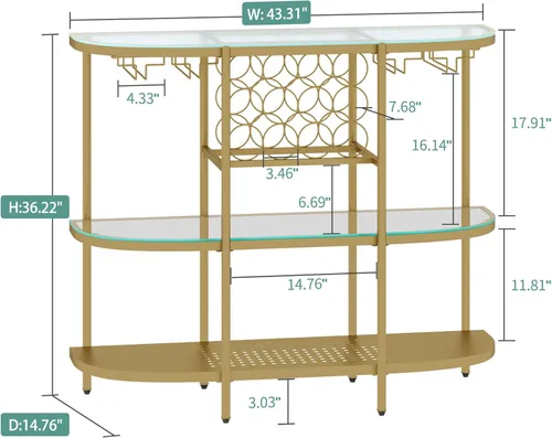 Miniatura 2 de O&K FURNITURE Mesa de bar para el hogar con estantes de vino, mesa de bar de vino de 3 niveles con soportes para vidrio, gabinete de vino