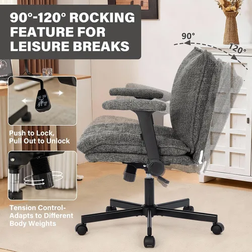 Miniatura 5 de Kassipo Silla de Oficina con Patas Entrecruzadas con Ruedas y Brazos Abatibles, Silla de Escritorio Tapizada con Diseño Entrecruzado, Sillas de Gris