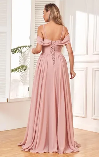 Miniatura 2 de BOLENSYE Vestidos de dama de honor con hombros descubiertos y bolsillos, vestido de noche formal con abertura larga de gasa fruncida