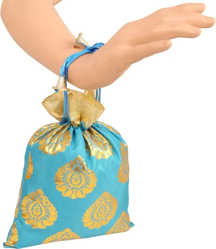 Miniatura 5 de Touchstone Bolsas de cordón tradicionales indias hechas a mano en tejido brocado con patrón de hojas de ficus. Perfecto para regalos, joyas, bodas