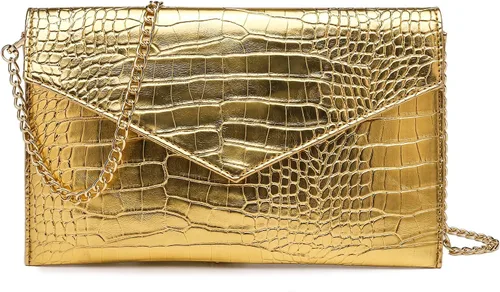 Bolso de mano dorado para mujer, de cuero vegano metálico, bolso cruzado de noche para vestido formal, boda, fiesta | cuero vegano