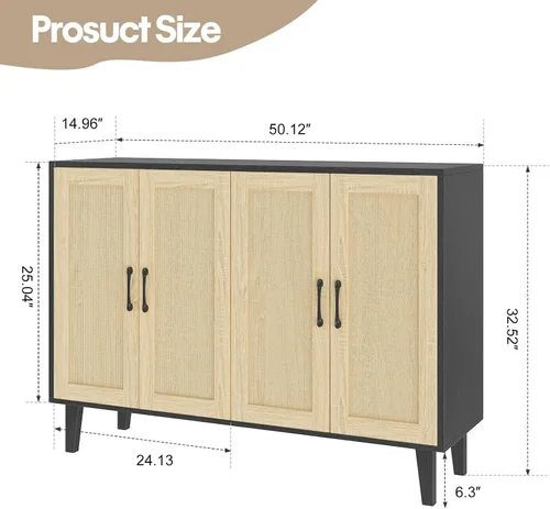 Miniatura 3 de Panana Armario de almacenamiento de buffet con decoración de ratán 4 puertas, aparador de cocina para sala de estar, 48.43 x 34.65 x 15 pulgadas