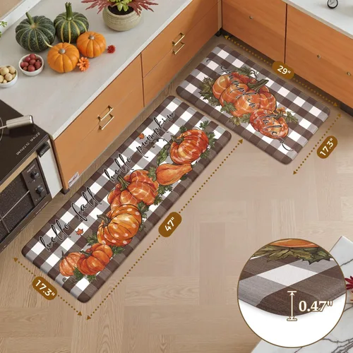 Miniatura 2 de KIMODE Tapetes Antifatiga para Piso de Cocina 17"x47"+17"x29", Juego de 2 Alfombras de Cocina a Cuadros Marrón y Blanco, Tapete de Cocina