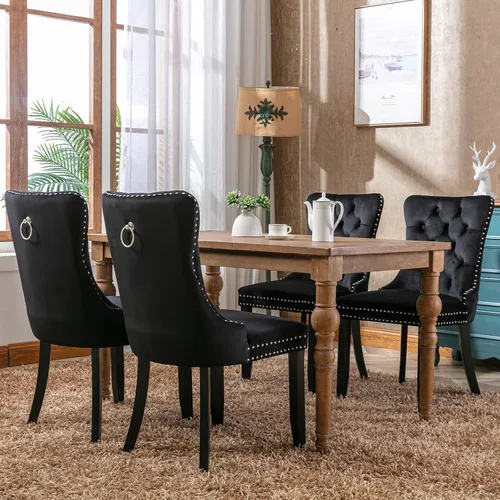Miniatura 2 de ODUSE-DAILY - Juego de 4 sillas de cocina y comedor de terciopelo negro, tapizadas en tela, respaldo con alas, anilla metálica, estructura