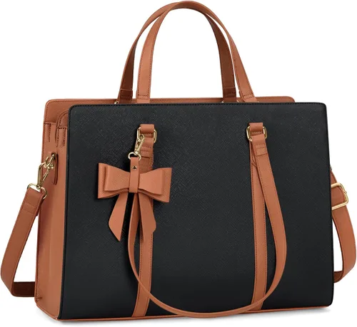 Miniatura 19 de Bolsa de computadora portátil para mujer, bolsa de mano para laptop de 15.6 pulgadas, bolsa de cuero impermeable, maletín grande y ligero, bolsa
