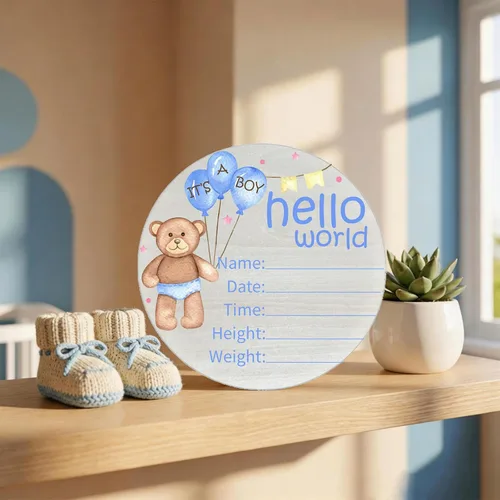 Miniatura 6 de Hello World Birth Announcement - Cartel redondo de madera de abedul para recién nacido, para guardería, hospital, baby shower, placa personalizada