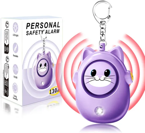Llavero de alarma personal para mujeres con luz LED, sonido seguro de 130 dB, sirena fuerte de 130 dB, alarma de seguridad de autodefensa de Púrpura
