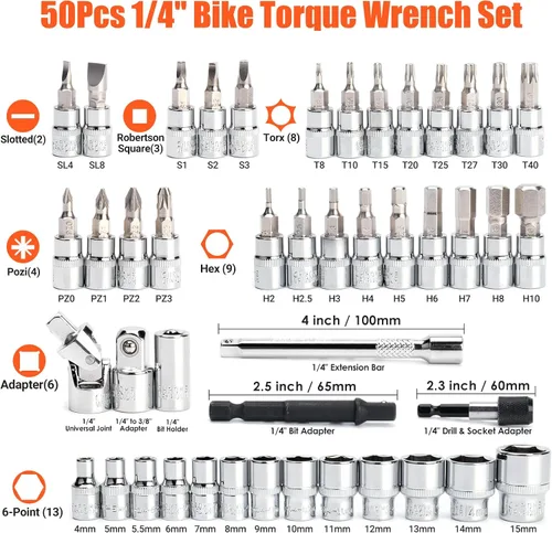Miniatura 2 de Juego de llaves dinamométricas de 50 libras, llave dinamométrica para bicicleta de 1/4 pulgadas, 10-230 pulgadas.lb (1.1-26.0 nm), llave