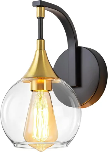 Miniatura 9 de Lámpara de pared de baño de 1 luz, lámpara de pared negra y dorada con pantalla de vidrio transparente, lámpara de pared moderna para interiores