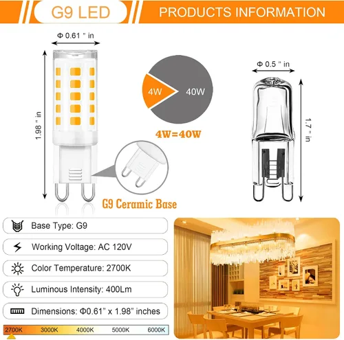 Miniatura 4 de Winshine - Bombilla LED G9 T4 doble clavija, luz cálida de 2700 K para candelabros, 4 W (equivalente halógeno de 40 W), 120 VCA, ángulo del haz