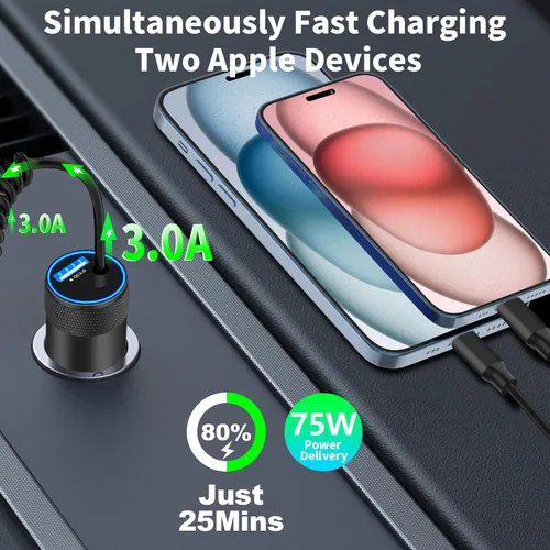 Miniatura 8 de [Certificado MFi de Apple] Cargador de automóvil para iPhone 17, encendedor de cigarrillos USB BARMASO 4.8A Cargador rápido USB-C Carplay