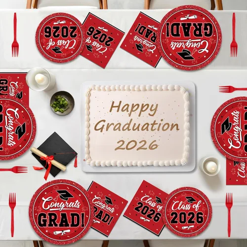 Miniatura 6 de QZYL Juego de 200 suministros de graduación 2026, platos de graduación rojos, servilletas, platos de postre y tenedores de plástico para 50