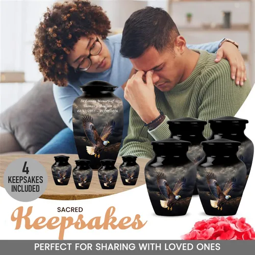 Miniatura 9 de Personalized Custom American Eagle Urn Set of 6 - Hand-Engraved Black Eagle Urns for Human Ashes Adult Female & Male, Includes 1 Large Adult Urn