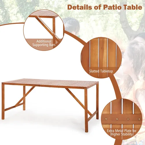 Miniatura 8 de Tangkula Mesa de comedor rectangular para exteriores, mesa de madera de acacia con agujero para sombrilla de 2 pulgadas, amplia mesa de listones