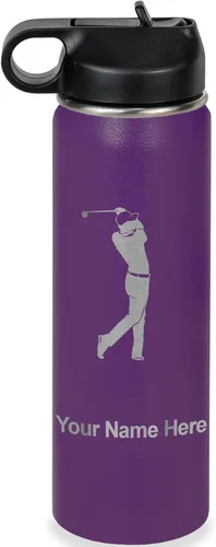 Miniatura 43 de LaserGram Botella de agua personalizada, golfista de golf, acero inoxidable de doble pared aislada al vacío con popote superior, regalo grabado Negro