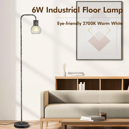 Miniatura 2 de Lámpara de pie industrial, lámpara de pie plateada antigua moderna con bombilla LED de 6 W, interruptor de pie, lámparas altas de metal para sala