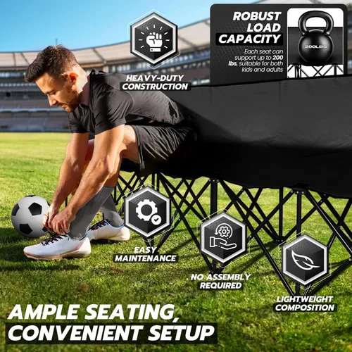 Miniatura 6 de Flexzion Asiento de banco plegable portátil, 6 plazas, banco de fútbol plegable, asientos portátiles para gradas, camping, línea lateral, con Negro