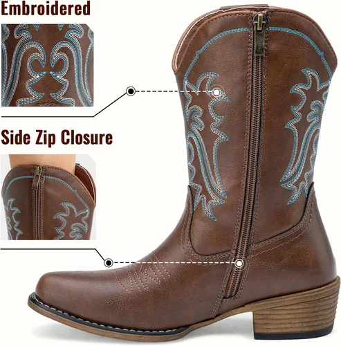Miniatura 3 de Jeossy Botas vaqueras para mujer, vaquera occidental, a media pantorrilla, puntera redonda, bordadas, con cremallera