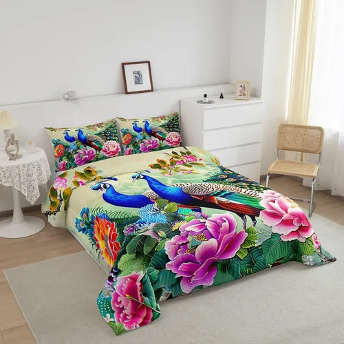 Miniatura 3 de Juego de edredón de pavo real en acuarela tamaño King, elegante y hermoso juego de ropa de cama edredón de plumas azules de 3 piezas para niños