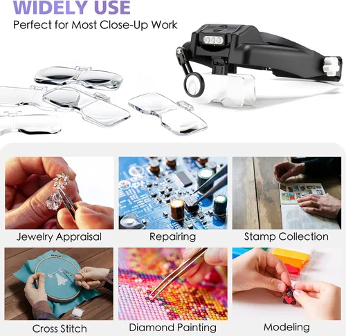 Miniatura 7 de COYLAPY Lupa con luz manos libres, lupa de 1X a 14X para trabajo cercano, auriculares de lupa ajustable con 1x, 1.5X, 2X, 2.5X, 3.5X y lentes Negro