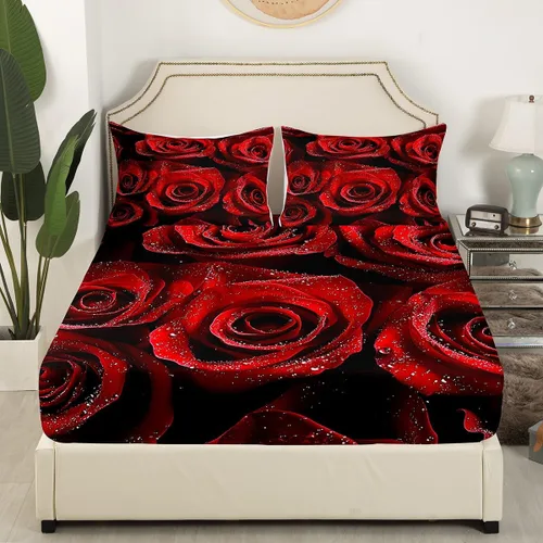 Miniatura 3 de Erosebridal Ropa de cama de 3 piezas de rosa roja, tamaño individual, sábana bajera y sábana encimera para mujeres y niñas, estampado de momentos