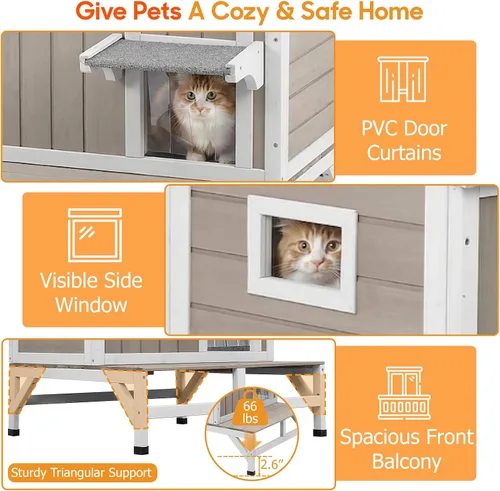 Miniatura 6 de PetsCosset Casa para gatos al aire libre, refugio de madera para gatos con interior de tela rascadora incorporada, diseño de 2 pisos resistente a