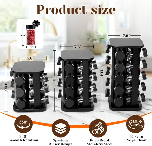 Miniatura 3 de Estante giratorio para especias, estante giratorio para especias con tarros, organizador compacto de acero inoxidable (mediano, pieza, 16)