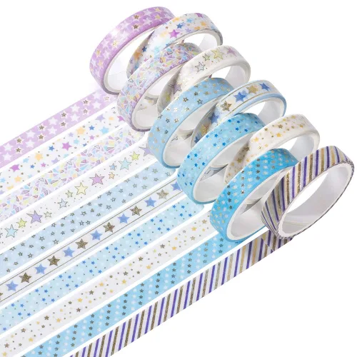 YUBBAEX Juego de 10 rollos de cinta washi brillante, 8mm de ancho, de lámina dorada decorativa para diario de viñetas, álbum de recortes, Estrellas