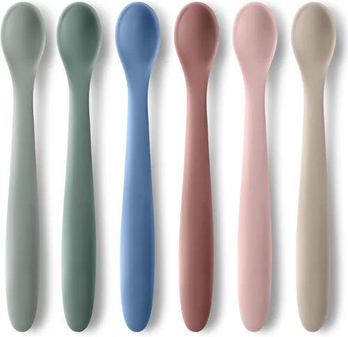 Cucharas de silicona para bebés de 6 piezas para la primera etapa, punta suave, fácil de poner en las encías, cuchara de entrenamiento | Utensilios