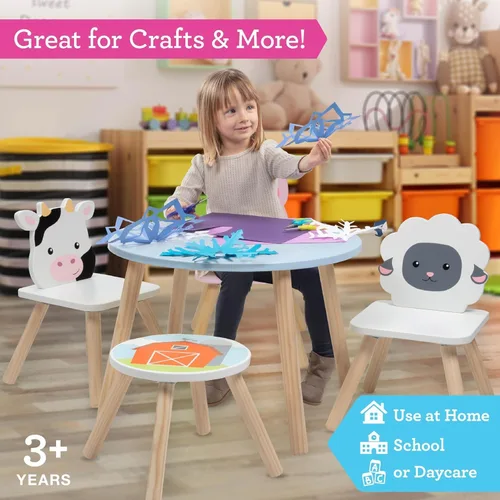 Miniatura 2 de Juego de mesa y silla de animales de madera para niños con 4 asientos, lindo para artes y manualidades de Pascua, ovejas de cerdo de vaca y taburete