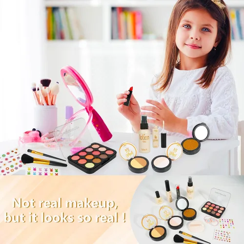 Miniatura 4 de Kit de maquillaje de simulación para niñas, niños pequeños, juego de maquillaje falso para niñas de 3 a 5 años, regalos de cumpleaños (negro)