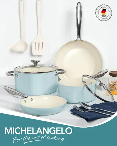 Miniatura 8 de MICHELANGELO Juego de ollas y sartenes antiadherentes, 8 piezas de cerámica con infusión de Ti, con utensilios de silicona, compatible