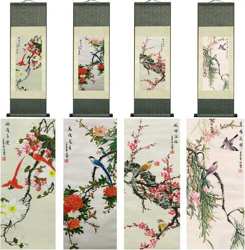 Miniatura 39 de AtfArt Decoración asiática de pared, hermosa pintura de pergamino de seda, 4 flores de hombre justo, orquídea ciruela, bambú, crisantemo, decoración