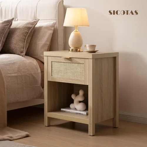 Miniatura 2 de SICOTAS Juego de 2 mesitas de noche de ratán, mesita de noche de granja con cajón y estante de almacenamiento, mesa auxiliar bohemia para Roble