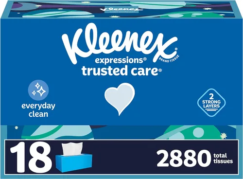 Kleenex Expressions Trusted Care - Pañuelos faciales, 18 cajas planas, 160 pañuelos por caja, 2 capas (2,880 tejidos en total), el embalaje puede