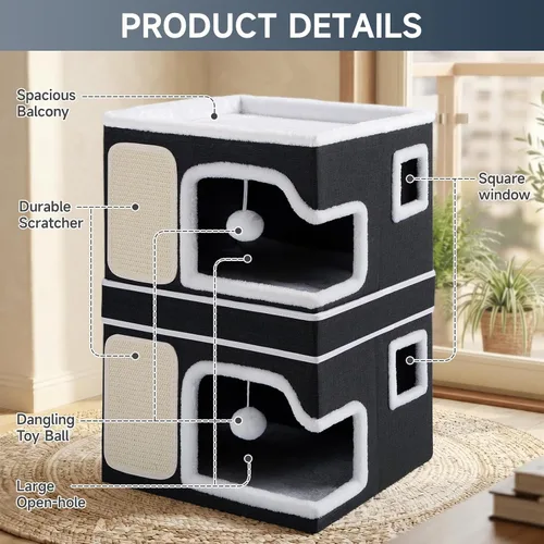 Miniatura 5 de Double Cat Beds for Indoor Cats, 2-Storey Cat House with Large Cozy Hideaways, Dual Purpose Cat Cave Cube with Scratch Pads, Fluffy Balls, Foldable