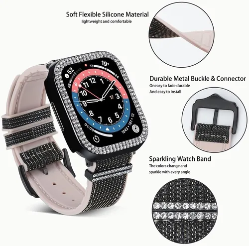 Miniatura 4 de Bling Silicone Bands Compatible For Apple Watch Band 38mm 40mm 41mm 42mm 44mm 45mm 46mm With Diamond Case, Soft Silicone Strap Color Changes with