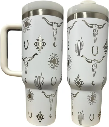 Miniatura 25 de Botella de agua de acero inoxidable de 40 oz taza Longhorn Bottle Bull Tumbler Cow Gift Western Water Bottle Cup (24oz Cream(90)-Longhorn (D35))
