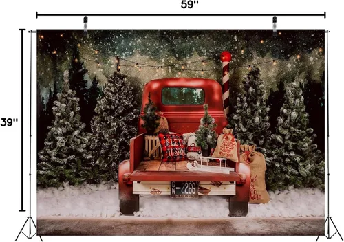 Miniatura 8 de BELECO Telón de fondo rojo de Navidad de 5 x 3 pies para fotografía de invierno, bosque nevado, vintage, auto, camión, regalos de Navidad, fondo