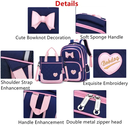 Miniatura 24 de Juego de 2 mochilas escolares con lazos para niñas y estudiantes, diseño de princesa para escuela primaria, 2pcs Negro-s, 2Pcs BagSet S