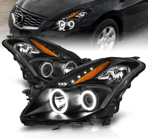AmeriLite Juego de faros delanteros de repuesto para Nissan Altima Coupe Dual Xtreme LED Halos Black 2008-2009, lado del pasajero y del conductor